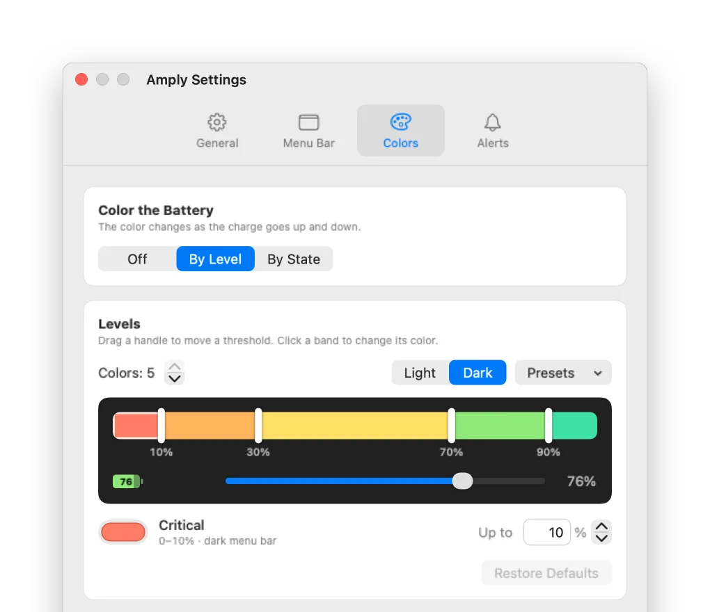 Colors settings: a bar from 0 to 100% split into five colored bands with draggable thresholds at 10, 30, 70 and 90 percent, and a live preview of the menu bar battery